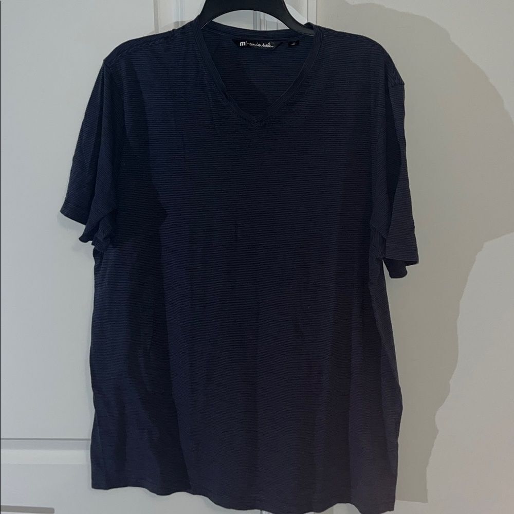 Travis Mathew Blue Black Striped Casual cotton blend v neck Golf T shirt XL